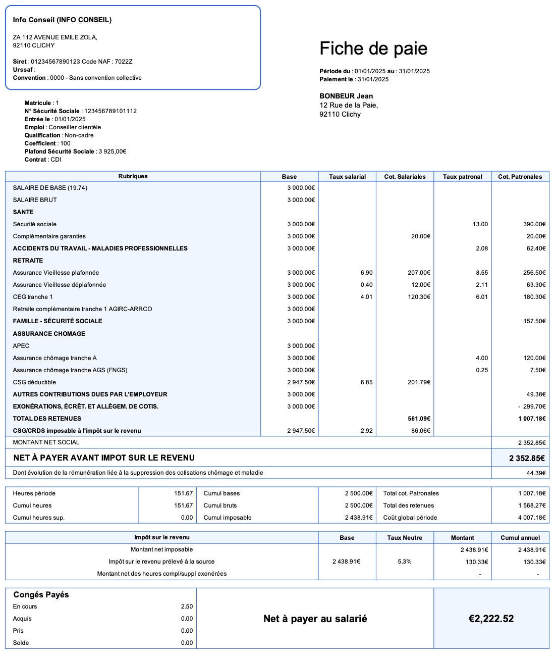 Exemple de fiche de paie — salarié non-cadre 3 000 € brut, CDI, janvier 2025